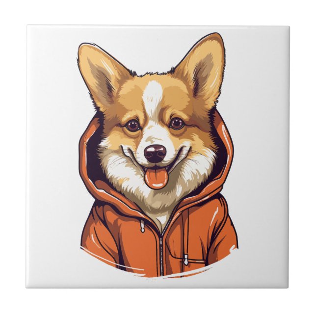 Funny Corgi Wearing Hoodie Ceramic Tile (Front)