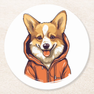 Funny Corgi Wearing Hoodie Round Paper Coaster