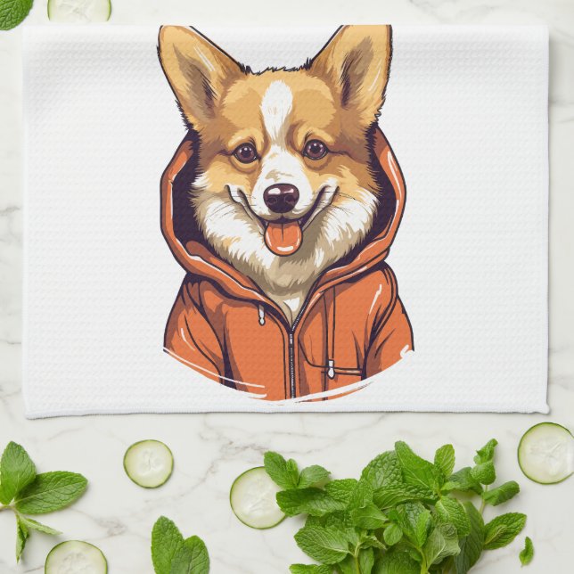 Funny Corgi Wearing Hoodie Tea Towel (Folded)