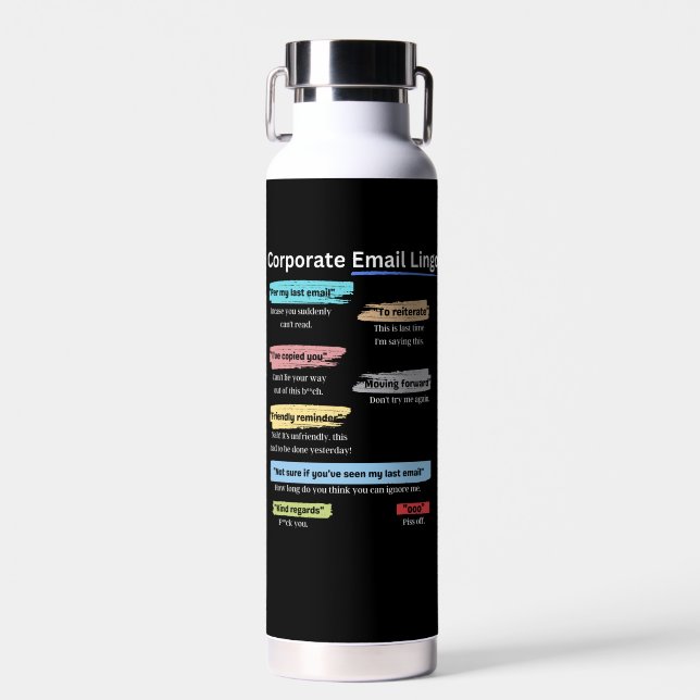 Funny Corporate email lingo Water Bottle (Front)
