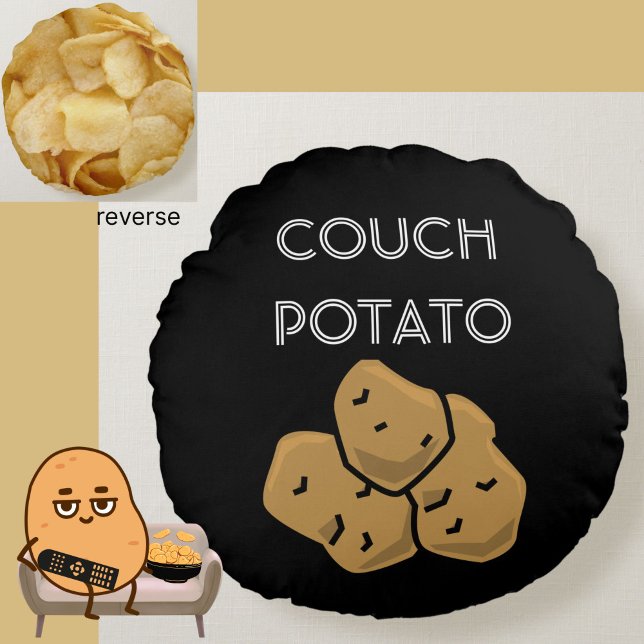 Funny "Couch Potato" + Potato Chips Binge Watching Round Cushion (This funny Couch Potato cushion is perfect for the lovable sloth in your life. Choice of colors.)