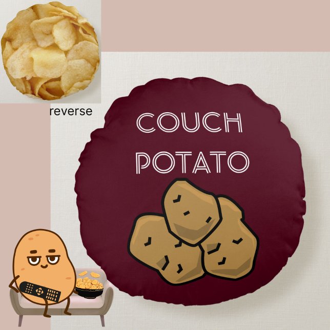 Funny "Couch Potato" + Potato Chips Binge Watching Round Cushion (This funny Couch Potato cushion is perfect for the lovable sloth in your life. Choice of colors.)