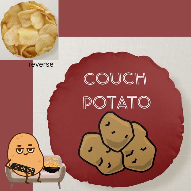 Funny "Couch Potato" + Potato Chips Binge Watching Round Cushion (This funny Couch Potato cushion is perfect for the lovable sloth in your life. Choice of colors.)