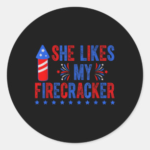 Funny Couple Matching 4th Of July He Likes My Fire Classic Round Sticker