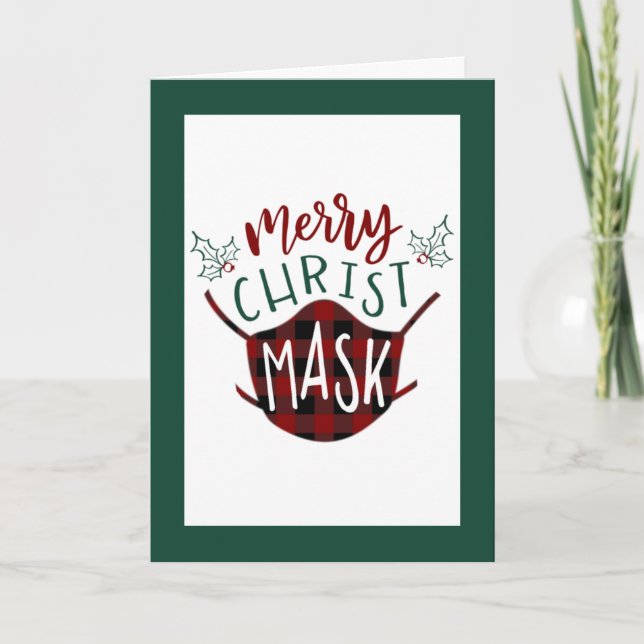 Funny COVID-19 MERRY ChristMASK Buffalo Plaid Holiday Card (Front)