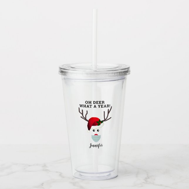 Funny Covid Christmas Face Mask Reindeer Name Acrylic Tumbler (Front)