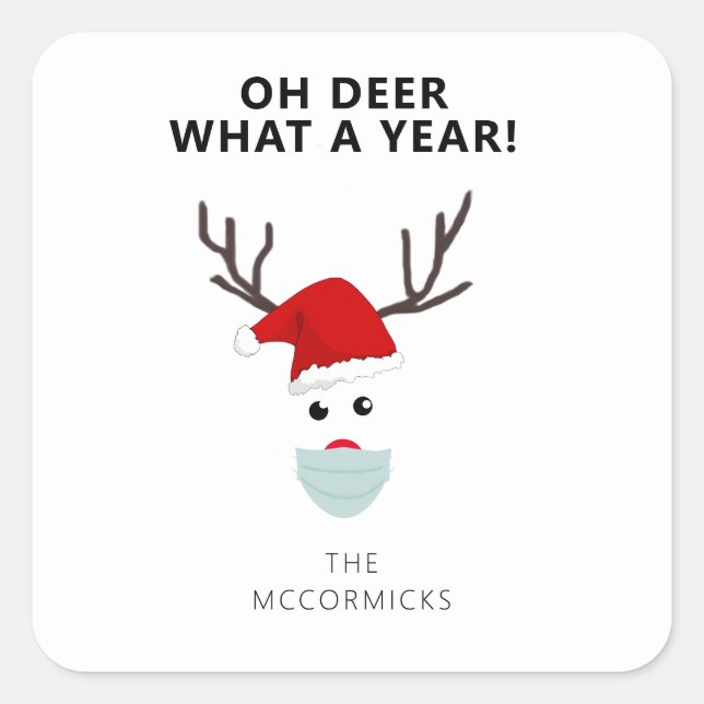 Funny Covid Christmas Reindeer Wearing Face Mask Square Sticker (Front)