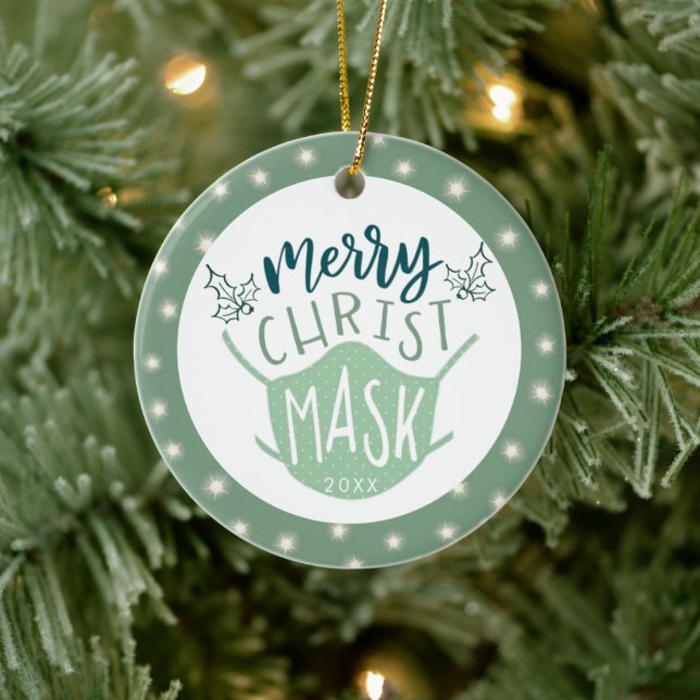 Funny COVID MERRY ChristMASK Photo Green Ceramic Ornament (Tree)