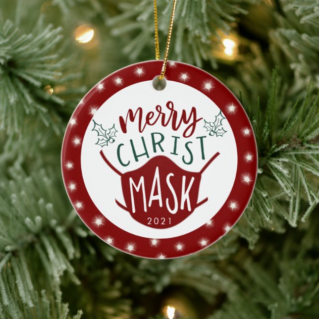 Funny COVID MERRY ChristMASK Photo Red Ceramic Ornament (Tree)