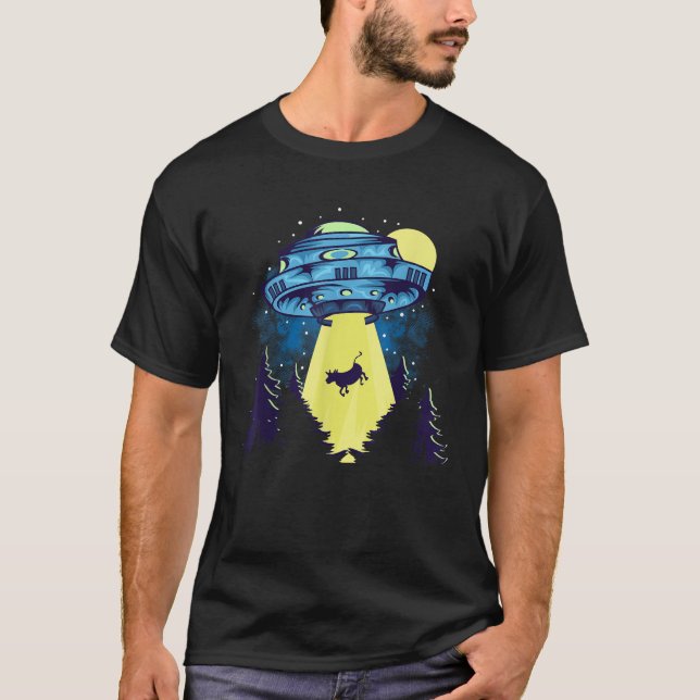 Funny Cow Alien Abduction UFO Believer T Shirt (Front)