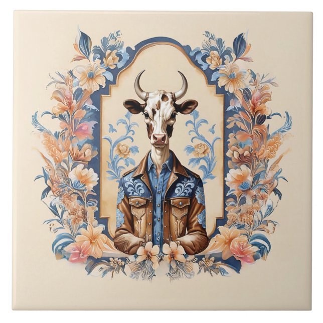Funny Cow Art Dapper Old Wild West Cowboy Ceramic Tile (Front)