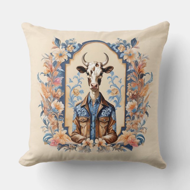 Funny Cow Art Dapper Old Wild West Cowboy Cushion (Front)