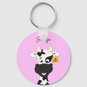 Funny cow cartoon pink name keychain