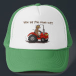 Funny cow driving a red tractor cartoon trucker hat<br><div class="desc">Who let the cows out? Our funny brown cow is out driving the farmer's tractor. Lots of farm fun!</div>
