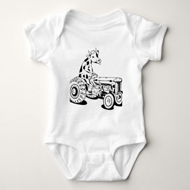 Funny cow driving a tractor baby bodysuit (Front)