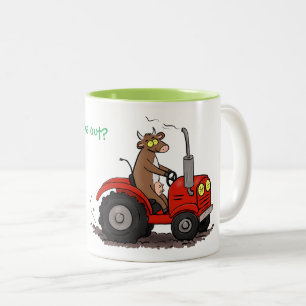 Funny cow driving red tractor cartoon Two-Tone coffee mug
