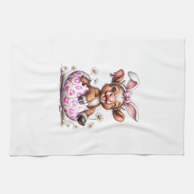 Funny Cow Easter Rabbit Cute Highland Cows Lover E Tea Towel (Horizontal)