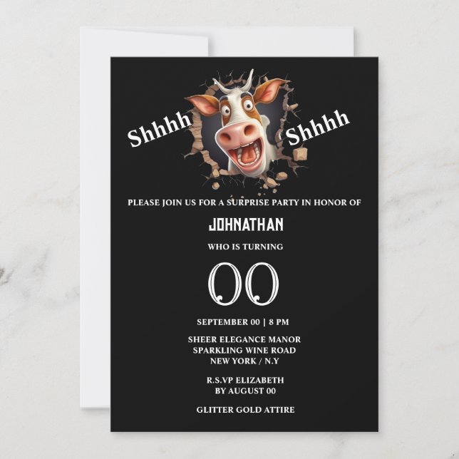 Funny cow face surprise birthday party any age invitation (Front)