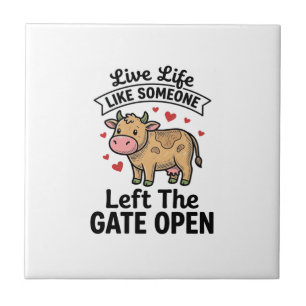 Funny Cow Gate Open Vintage Engraving Shirt Design Ceramic Tile