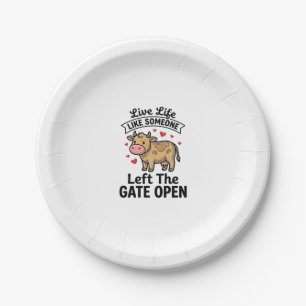 Funny Cow Gate Open Vintage Engraving Shirt Design Paper Plate