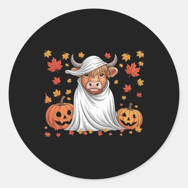 Funny Cow Ghost Spooky Pumpkin Hello Fall Hallowee Classic Round Sticker (Front)