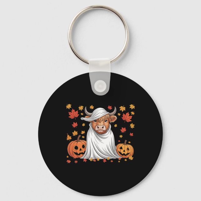 Funny Cow Ghost Spooky Pumpkin Hello Fall Hallowee Key Ring (Front)