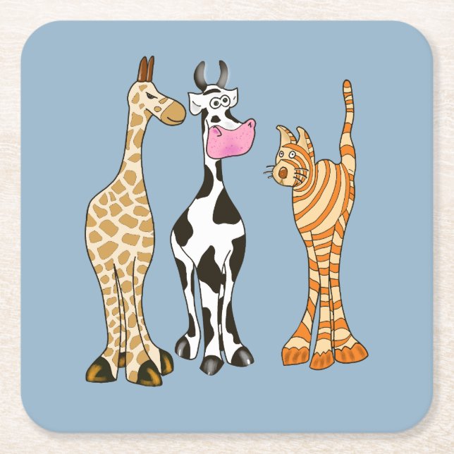 Funny cow giraffe and cat, comical animals. square paper coaster (Front)