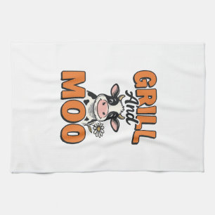 Funny Cow Grill And Moo Vintage T-Shirt Design_1 Tea Towel
