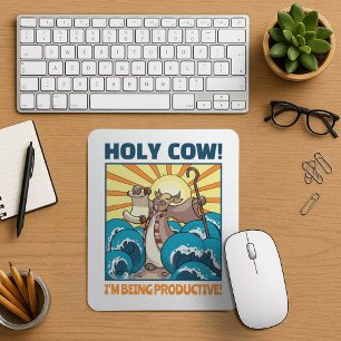 Funny Cow Holy Cow! I'm Being Productive! Cartoon Mouse Pad