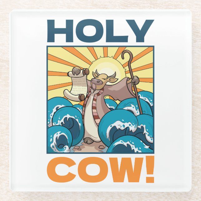 Funny Cow Holy Cow! Visual Pun Animal Cartoon Glass Coaster (Front)