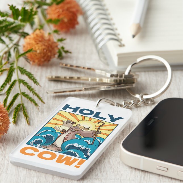 Funny Cow Holy Cow! Visual Pun Animal Cartoon Key Ring (Front Right)