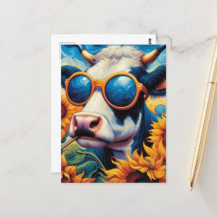 Funny Cow in Sunglasses in a Sunflower Field Postcard