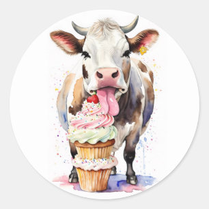 Funny Cow Licking Cupcakes For Cow Lovers Classic Round Sticker