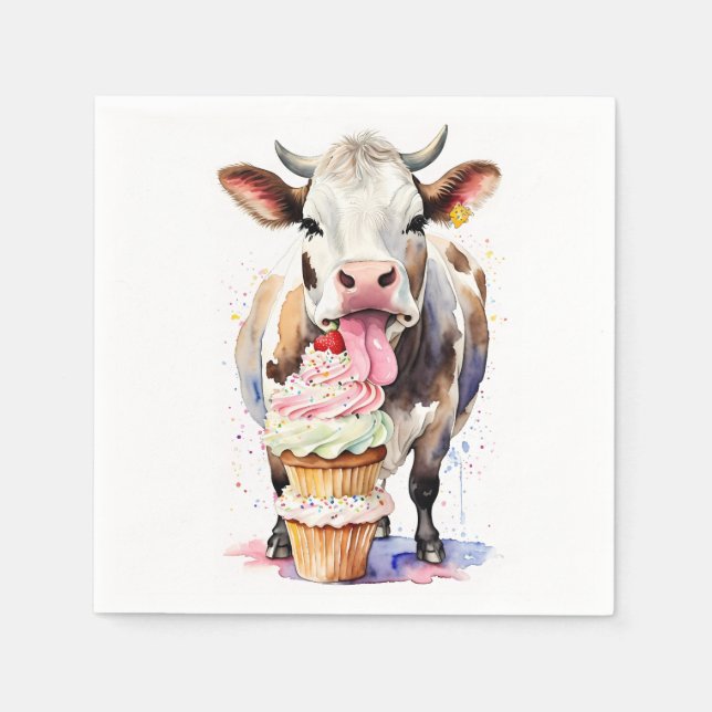 Funny Cow Licking Cupcakes For Cow Lovers Napkin (Front)
