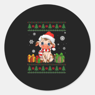 funny cow lovers cute cow santa hat ugly christmas classic round sticker