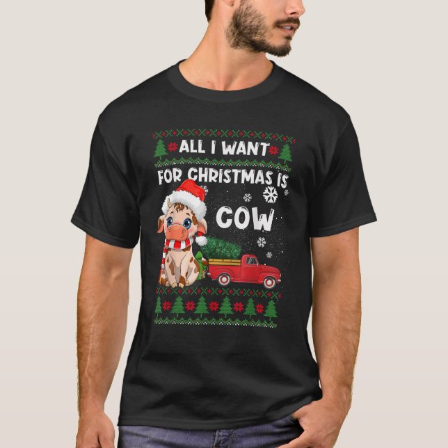 Funny Cow lovers Cute Cow Santa Hat Ugly Christmas T-Shirt (Front)