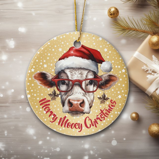 Funny Cow Mooey Christmas Gold Star Background Ceramic Ornament (Creator Uploaded)