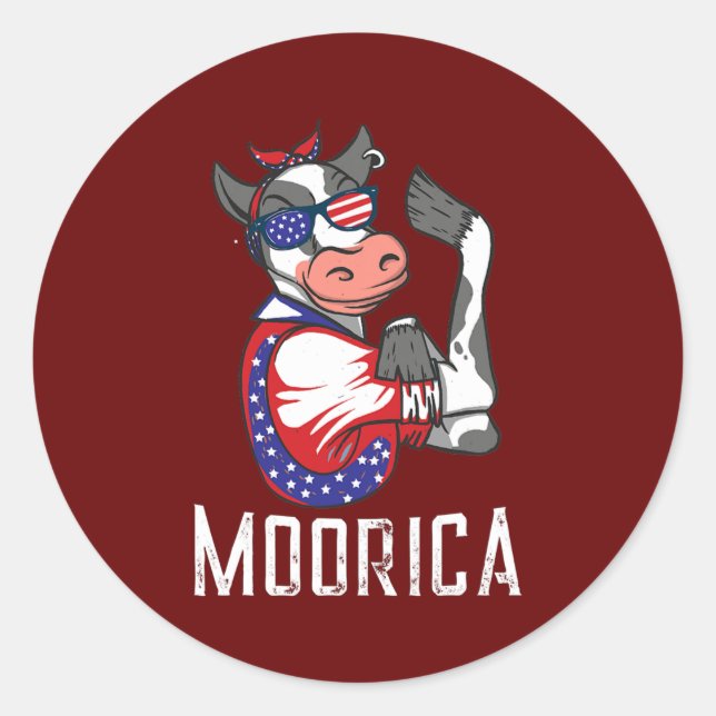 Funny Cow Moorica USA 4th Of July Patriotic Classic Round Sticker (Front)