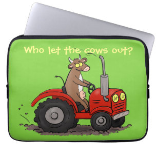 Funny cow on red tractor cartoon illustration laptop sleeve