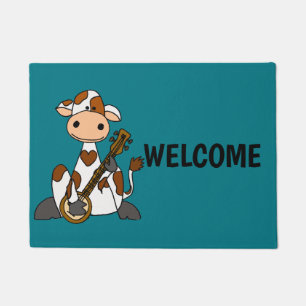 Funny Cow Playing Banjo Cartoon Doormat
