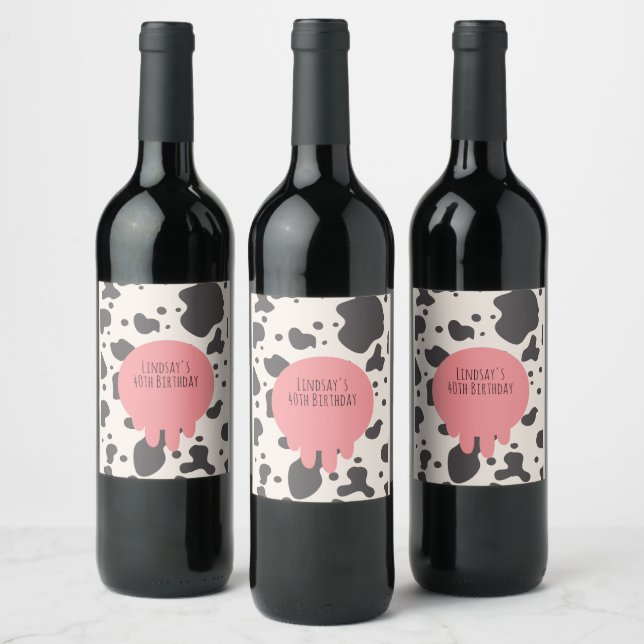 Funny Cow Print Adult Party 40th Birthday  Wine Label (Bottles)