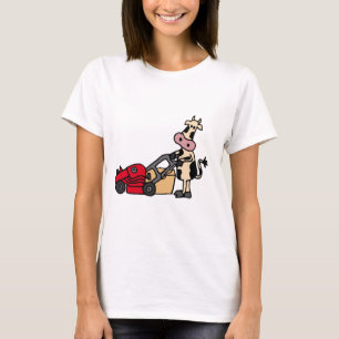 Funny Cow Pushing Red Lawn Mower Cartoon T-Shirt