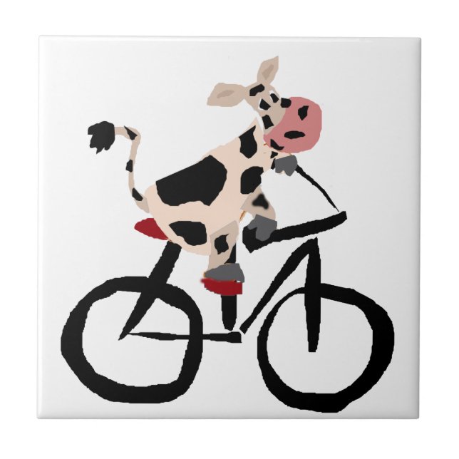 Funny Cow Riding Bicycle Art Ceramic Tile (Front)