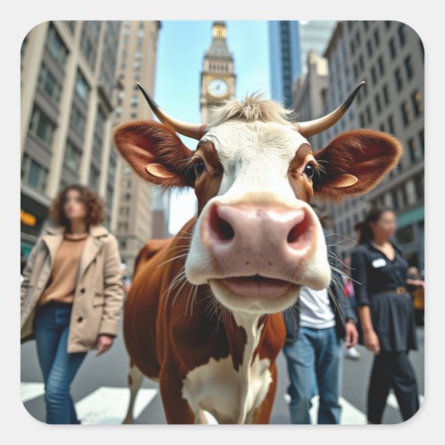 Funny Cow Selfie on a Busy City Street Square Sticker (Front)
