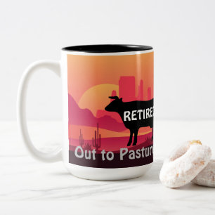Funny Cow Theme Retirement Out to Pasture Western  Two-Tone Coffee Mug