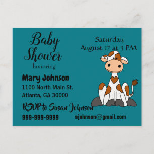 Funny Cow with Heart Spots Baby Shower Invitation Postcard