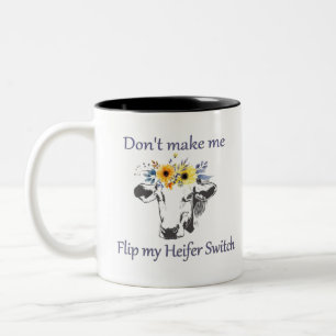 Funny cow with sunflowers Two-Tone coffee mug