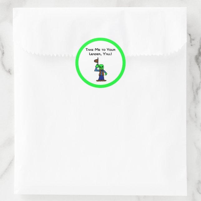Funny Cowboy Alien Cartoon with UFO Abduction Classic Round Sticker (Bag)