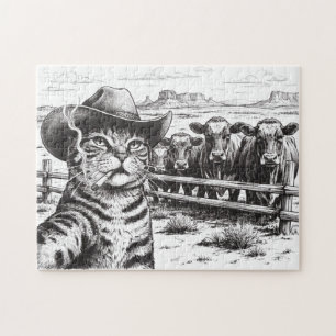 Funny Cowboy Cat Selfie Western Cattle Ranch Art Jigsaw Puzzle