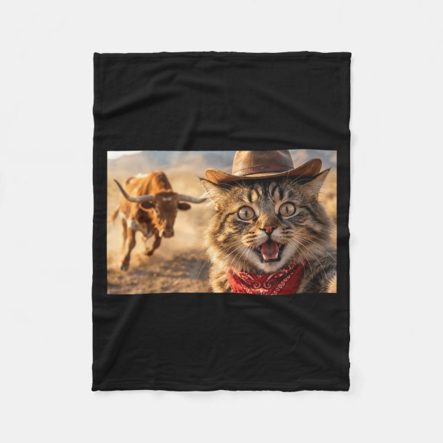 Funny Cowboy Cat Selfie With Charging Bull Western Fleece Blanket (Front)